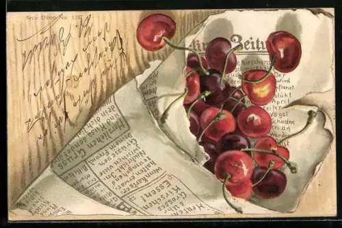 AK Kirschen in Zeitungspapier gewickelt, Obst