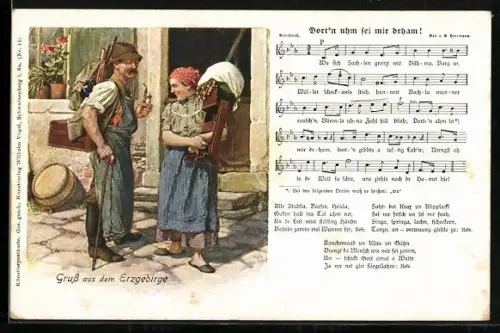 Lied-AK Dort`n uhm sei mir drham!, Lied in erzgebirgischer Mundart von B. Herrmann, Bauernpaar aus dem Erzgbirge