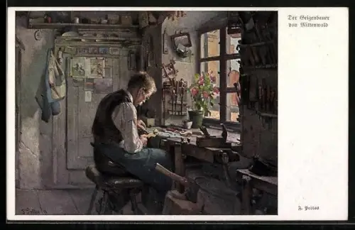 AK Mittenwald, Geigenbauer bei der Arbeit in seiner Werkstatt, Handwerk