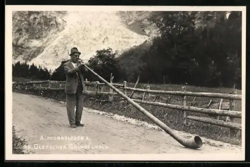 AK Grindelwald, Alphornbläser vor dem Gletscher