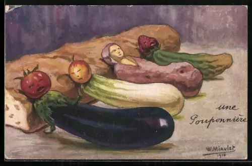 Künstler-AK W. Miaulet: Fruits et Légumes - Une Pouponnière, Gemüse mit Gesichtern