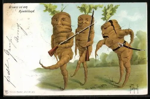 AK Gruess us em Rüebliland, Drei Rüben mit Gewehren und Säbel, Metamorphose