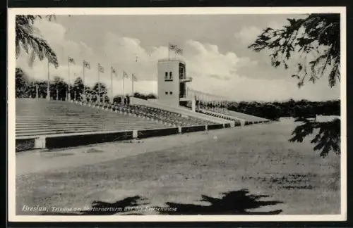 AK Breslau, Tribüne am Vorturnerturm auf der Friesenwiese, 
