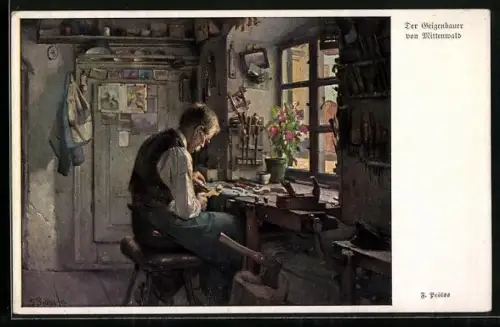 AK Mittenwald, Geigenbauer bei der Arbeit in seiner Werkstatt, Handwerk