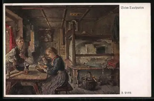 Künstler-AK sign. F. Prölss: Beim Taufpaten, Mann raucht Pfeife