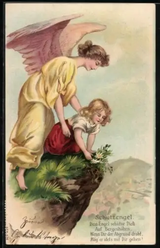 AK Schutzengel hält Mädchen an einem Felsen fest