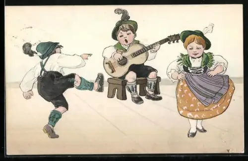 AK Kinderpaar beim Tanz begleitet von einem Jungen mit Gitarre
