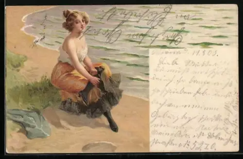 Künstler-AK Leicht bekleidete junge Frau am Strand