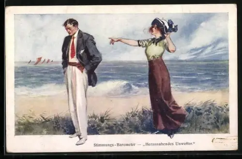 AK Stimmungs-Barometer - Herannahendes Unwetter, Paar am Strand