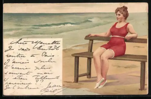 AK Frau im Badeanzug an Bank am Strand