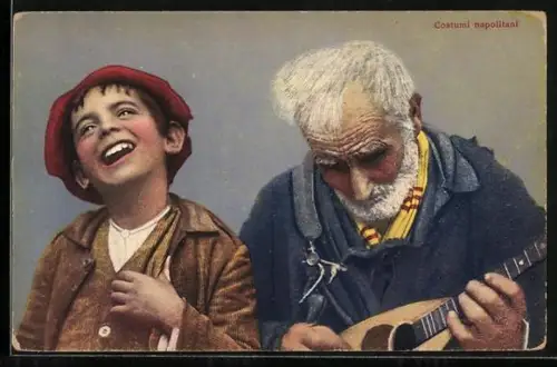 AK Neapel / Napoli, Costumi napolitani, Alter Mann mit Instrument und Junge