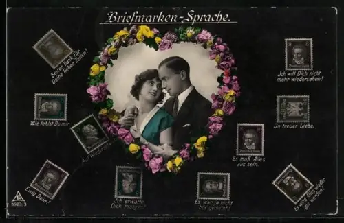 AK Briefmarken-Sprache, In treuer Liebe, Ewig Dein!, Wie fehlst Du mir, Liebespaar im Herz