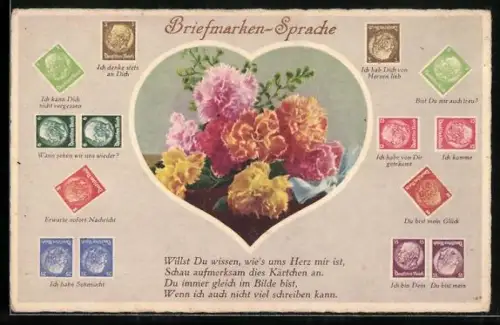 AK Briefmarkensprache, Nelken von einem Herz gerahmt, Willst du wissen, wie`s ums Herz mir ist...