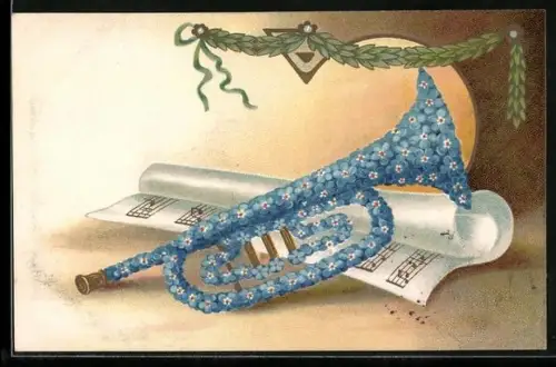 AK Trompete aus Vergissmeinnicht mit Notenblatt