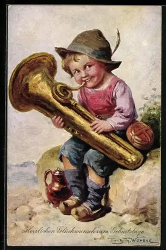 Künstler-AK Knabe mit Tuba gratuliert zum Geburtstag