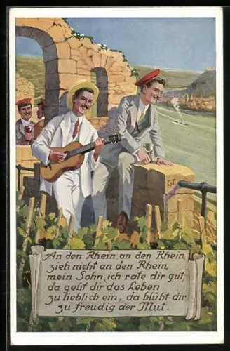 AK Burschenschafter feiern in einem Wirtshaus am Rhein, Dampfer, studentische Szene