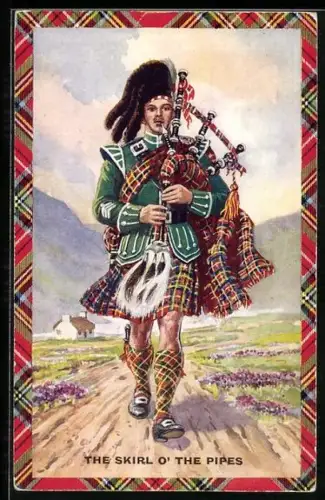 AK Mann in schottischer Landestracht spielt Dudelsack