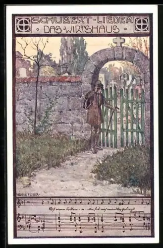 Künstler-AK Ernst Kutzer: Schubert-Lieder Das Wirtshaus, Wanderer am Eingang
