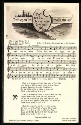Lied-AK Anton Günther Nr. 43: Deitsch on frei wolln mr sei!, Text- und Notenzeilen