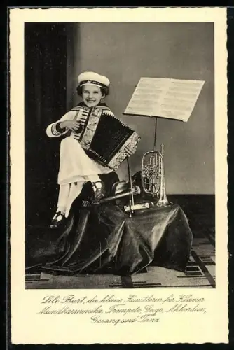 AK Lili Bart mit Akkordeon, Trompete und Mundharmonika