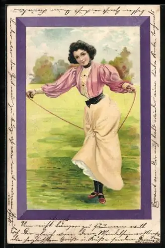 Lithographie adrette Dame springt über ein Seil
