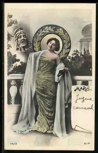 AK Allegorien für die Monate eines Jahres, März, Frau mit Maske, Jugendstil