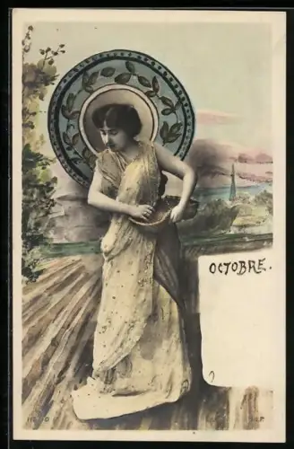 AK Allegorien für die Monate eines Jahres, Oktober, Frau bei der Aussaat, Jugendstil