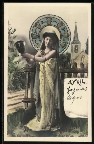 AK Allegorien für die Monate eines Jahres, April, Frau mit Glocke, Jugendstil