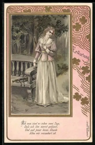 Lithographie Erwartung, Junge Dame neben einer Bank mit Trompete, Trompeter-Serie, Behüt Dich Gott!