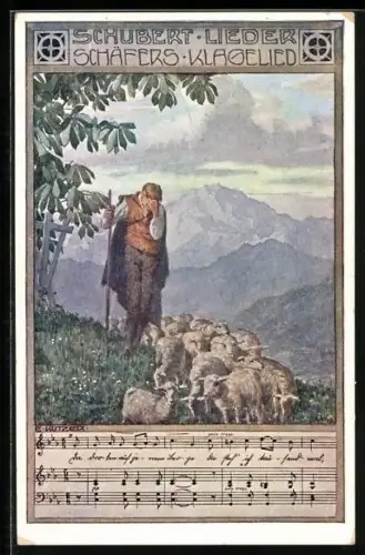 Künstler-AK Ernst Kutzer: Schubert-Lieder Schäfers Klagelied, weinender Schäfer bei seiner Herde