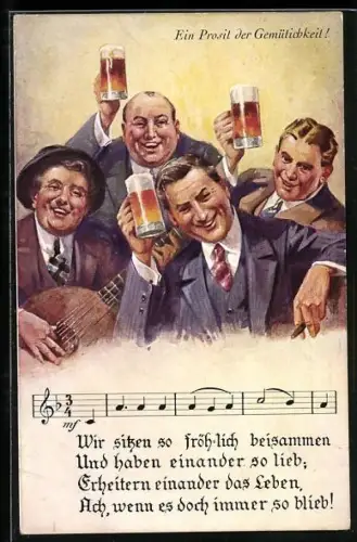 AK Gruss vom Oktoberfest, Männer mit Gitarre trinken Bier, Notenzeile in F-Dur