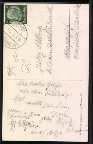 AK Gruss vom Oktoberfest, Männer mit Gitarre trinken Bier, Notenzeile in F-Dur