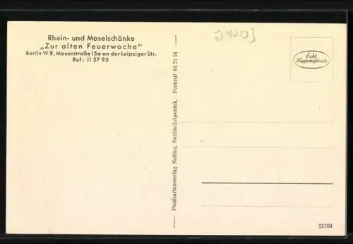 AK Berlin, Gasthaus Zur alten Feuerwache, Mauerstrasse 15a