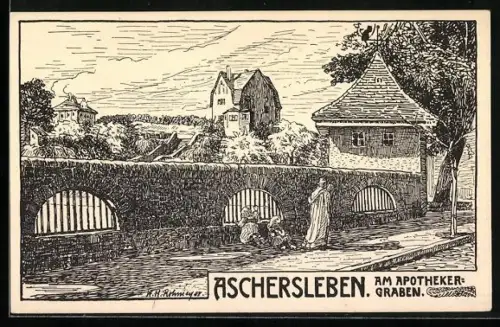 Künstler-AK Aschersleben, Am Apothekergraben
