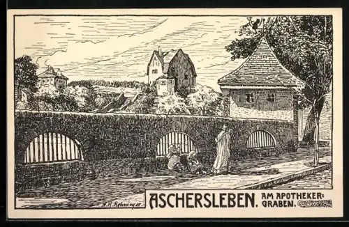 Künstler-AK Aschersleben, Partie am Apothekergraben