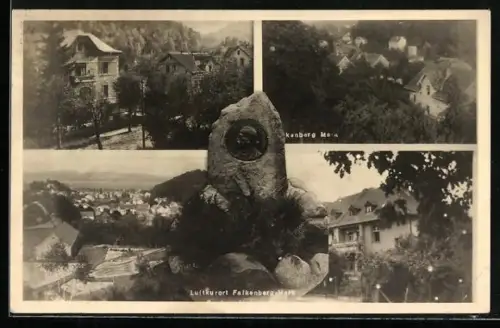 AK Falkenberg /Mark, Fontane Denkmal, Blick auf den Ort