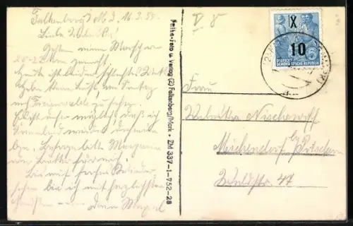 AK Falkenberg /Mark, Fontane Denkmal, Blick auf den Ort