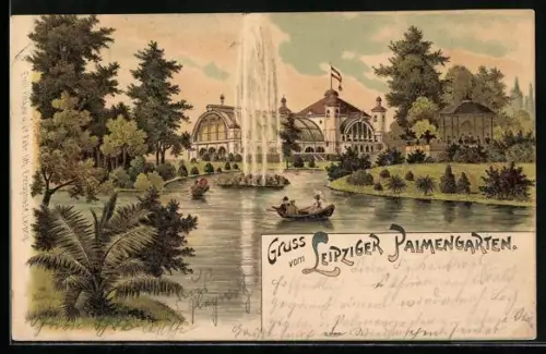 Lithographie Leipzig, Palmengarten mit Springbrunnen