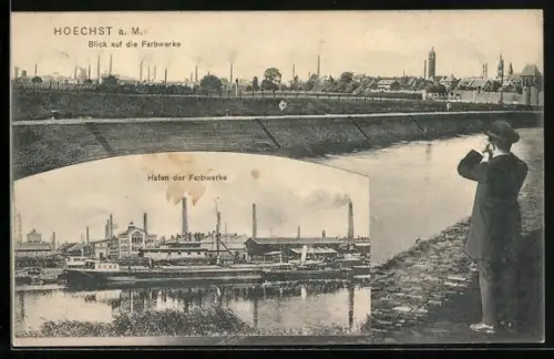 AK Hoechst a. M., Blick auf die Farbwerke, Hafen der Farbwerke