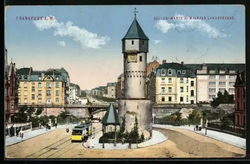 AK Frankfurt a. M., Gallus-Warte u. Mainzer Landstrasse mit Strassenbahn und Kirchturm