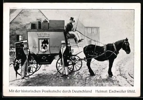 AK Eschweiler / Rhld., Reise von drei lustigen Rheinländern in der Postkutsche durch Deutschland