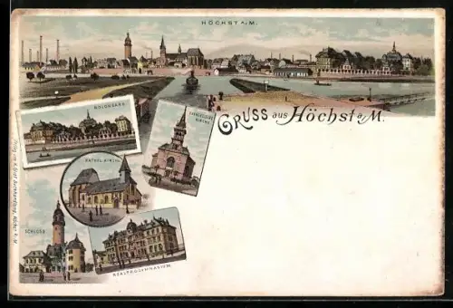 Lithographie Frankfurt-Höchst, Panorama, Bolongaro, Schloss