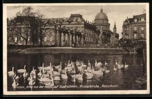 AK Potsdam, Blick von der Havel auf Stadtschloss, Palasthotel und Nicolaikirche