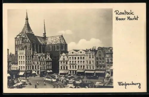 AK Rostock, Neuer Markt mit Kirche, Restaurant und Café Borwin