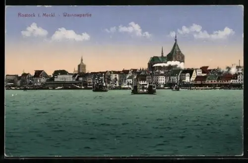 AK Rostock i. Meckl., Warnowpartie mit Dampfschiffen