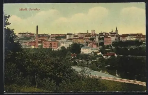 AK Mladá Boleslav, Erhöhter Ausblick auf die Stadt mit Kirchtürmen