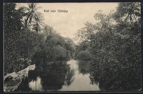AK Tjilatjap, Flusspartie mit ufernahen Bäumen