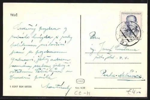 AK Telc, Strassenpartie mit Kirche