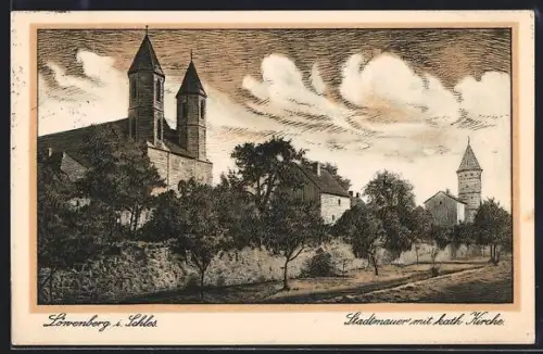 Künstler-AK Löwenberg i. Schles., Stadtmauer mit kath. Kirche