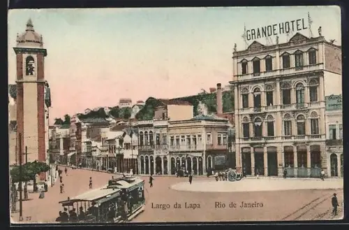 AK Rio de Janeiro, Grande Hotel, Largo da Lapa, Strassenbahn